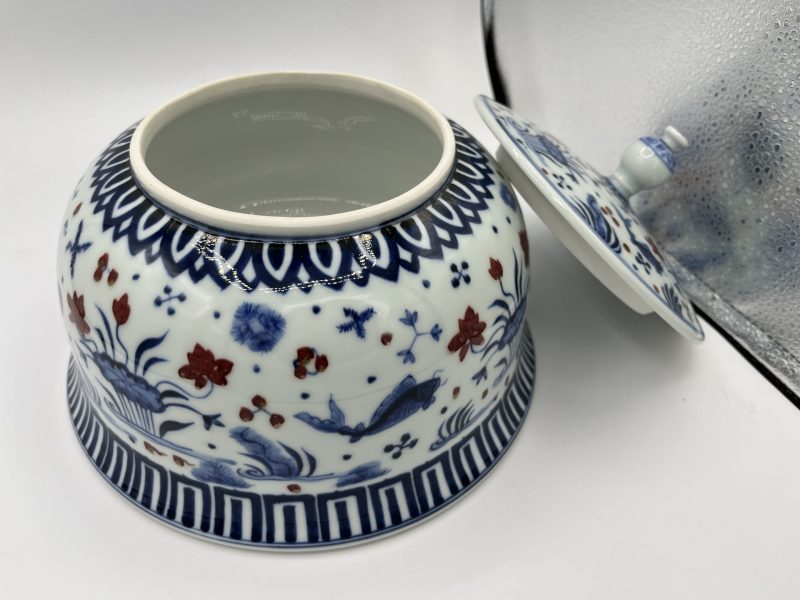 Ceramic Blue and White Fish and Algae Tea Canister - Image 3