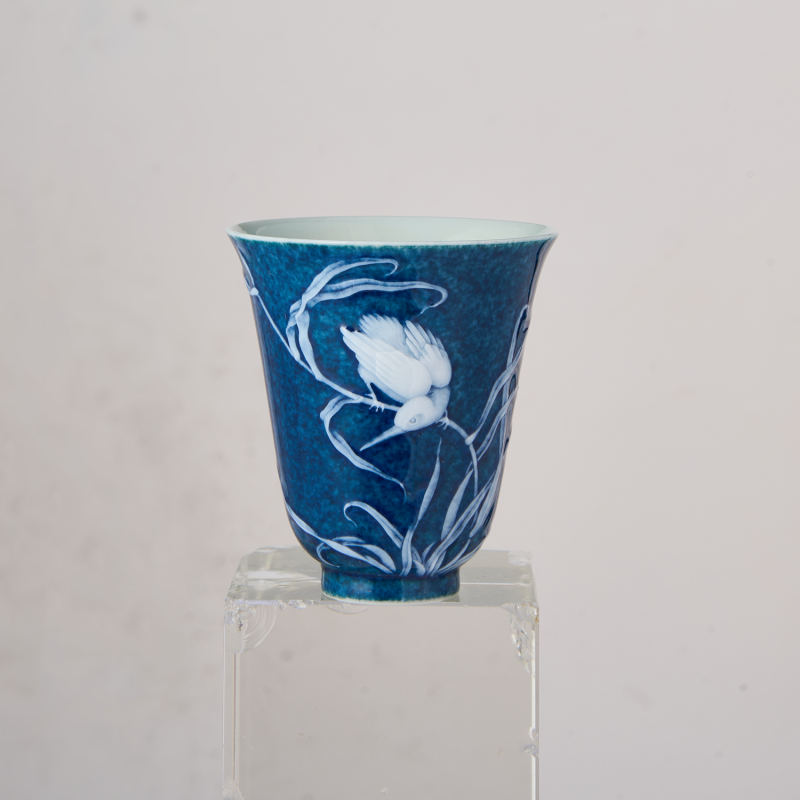 Ceremonial Blue Glaze White Kingfisher Bell Cup