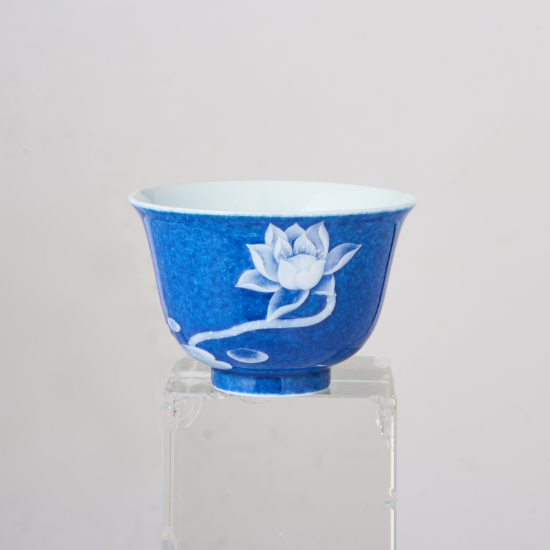 Ceremonial Blue Glaze White Lotus Flower Cup