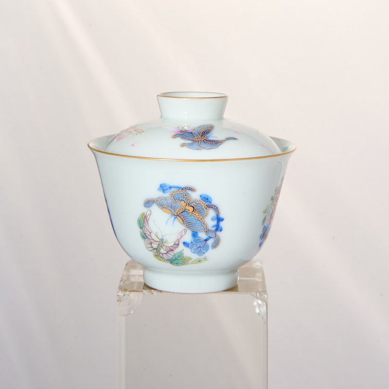 Blue and White Colored Butterfly and Floral Covered  Cup with Gold Details