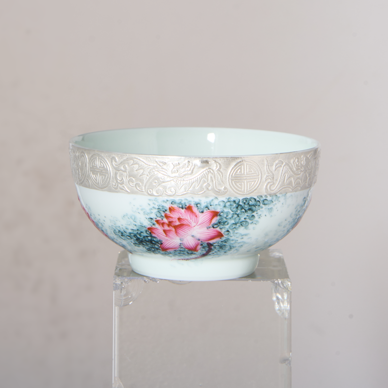 Hand-carved Silver-painted Five Blessings Lotus Cup
