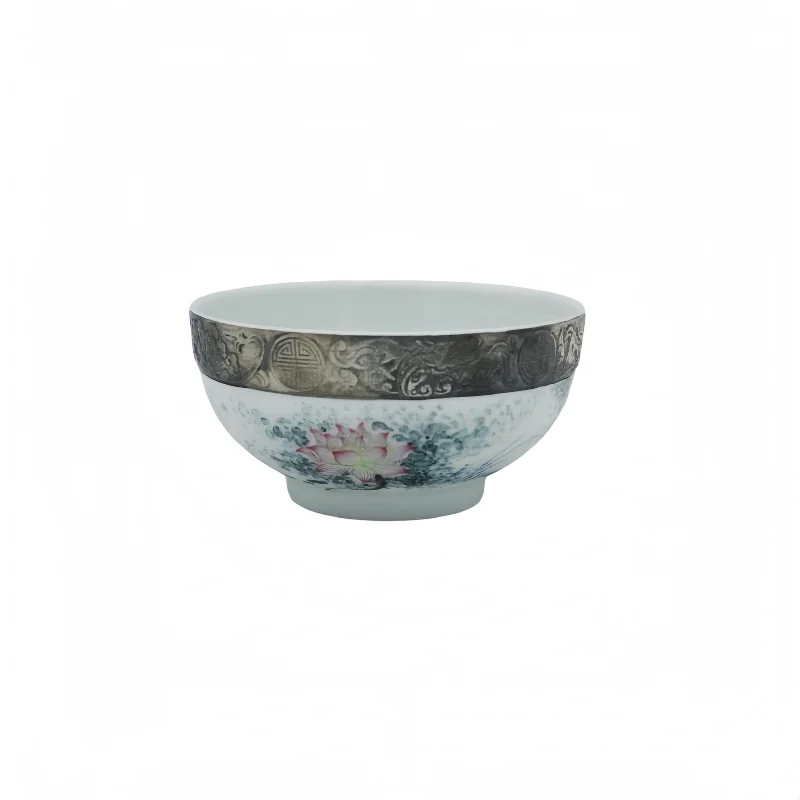 Hand-carved Silver-painted Five Blessings Lotus Cup