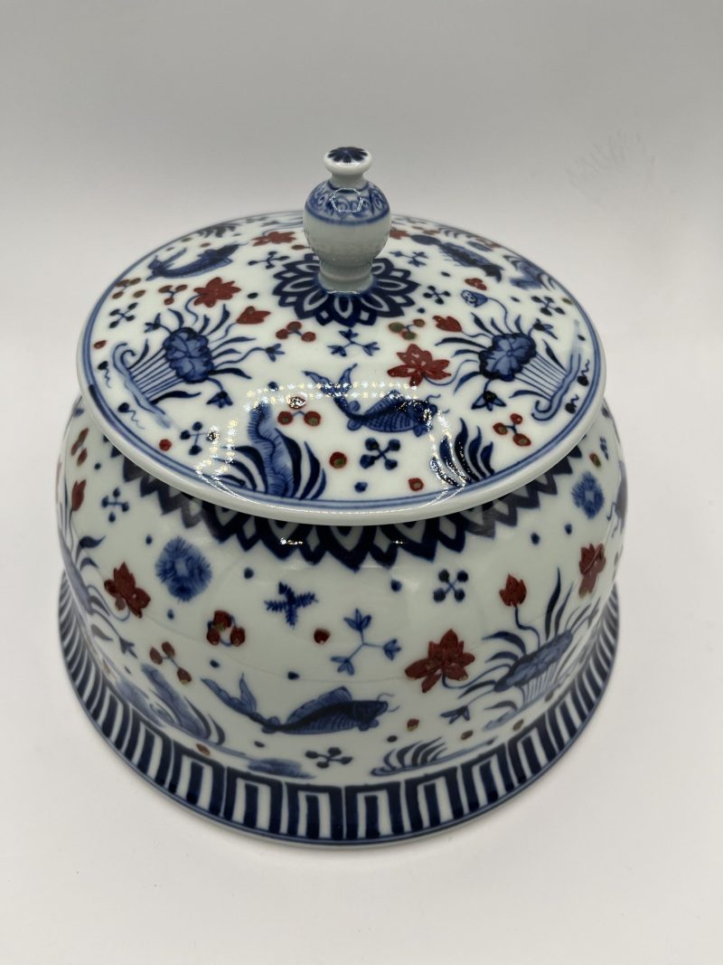 Ceramic Blue and White Fish and Algae Tea Canister - Image 4