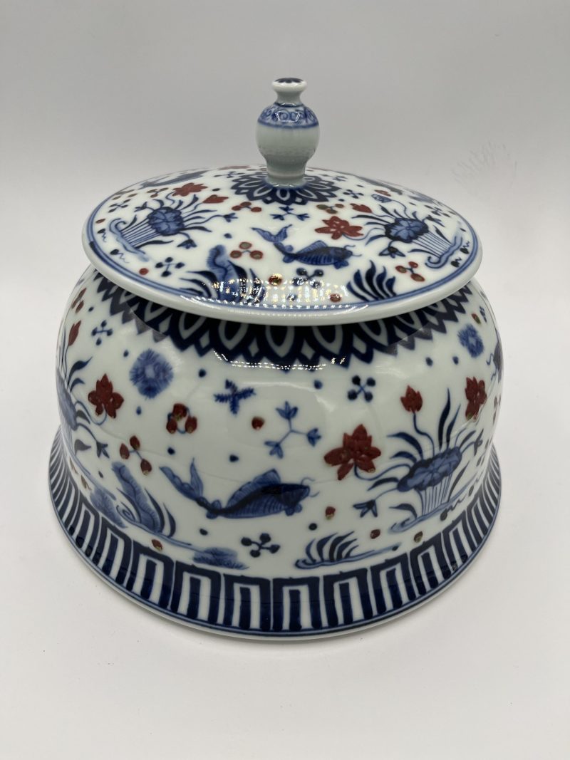 Ceramic Blue and White Fish and Algae Tea Canister