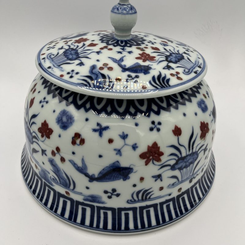 Ceramic Blue and White Fish and Algae Tea Canister