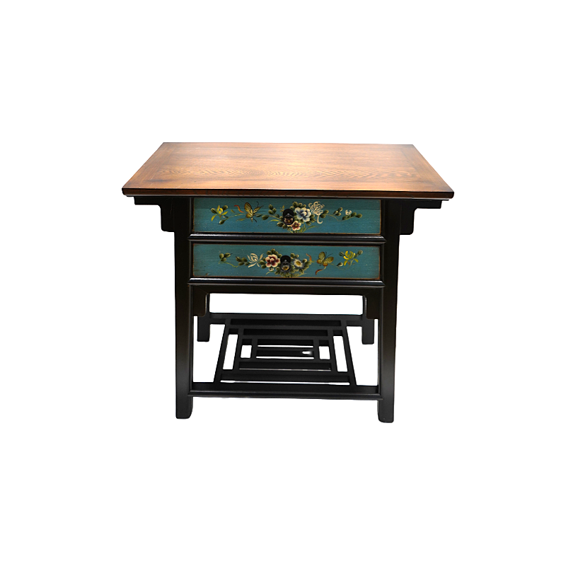 XS-049 Two-Drawer Floral-Patterned Cabinet with Blue Doors