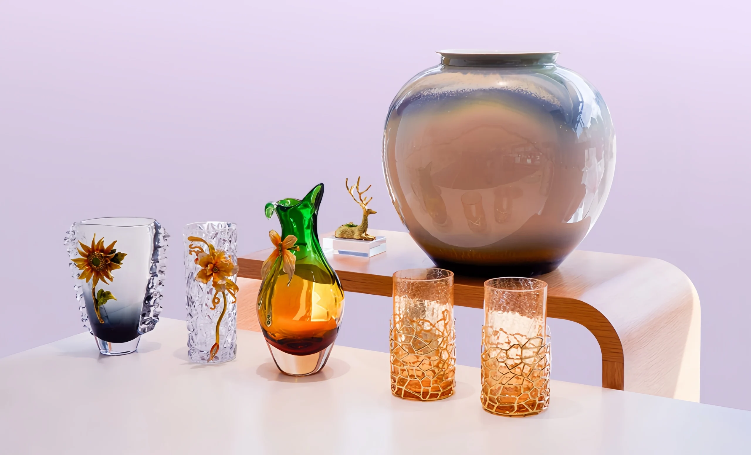 Handcrafted vases and glassware on a wooden platform