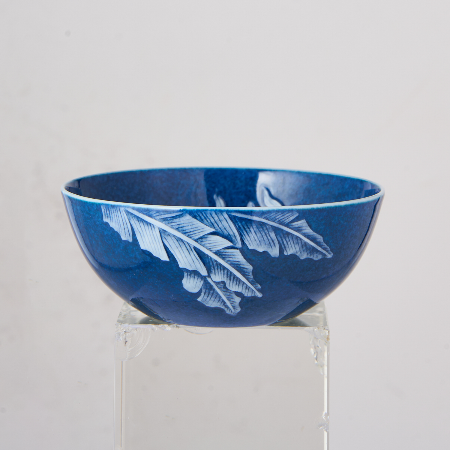 Ceremonial Blue Glaze White Banana Leaf and Swimming Fish Footed Cup