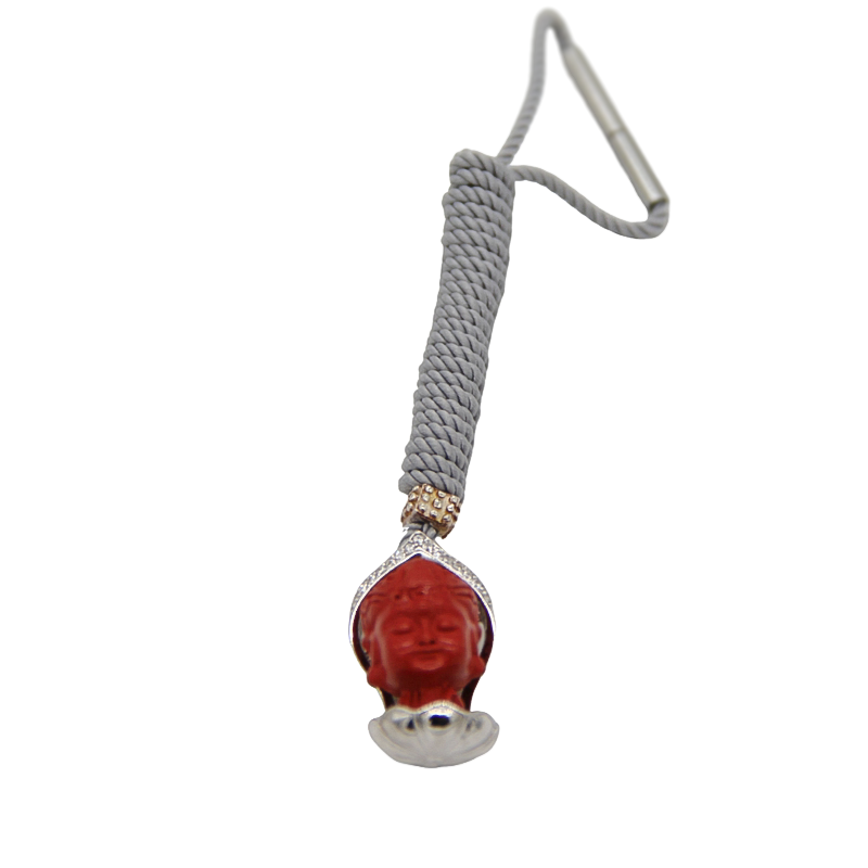 Cinnabar Inlaid with Silver, Manjushri Protective Bodhisattva Pendant