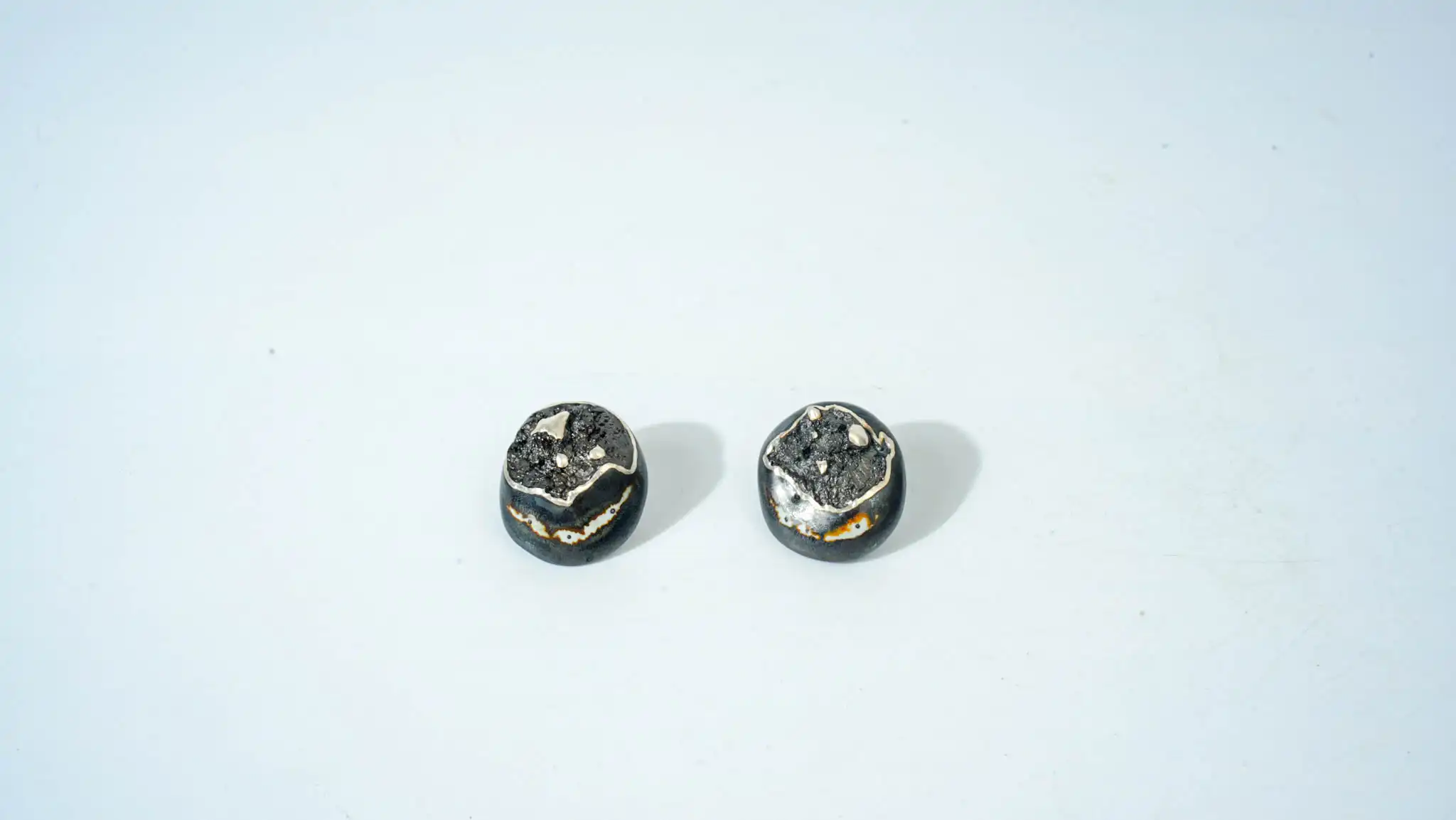 Black & White Half-Glazed Ceramic Earrings with Silver Speckles
