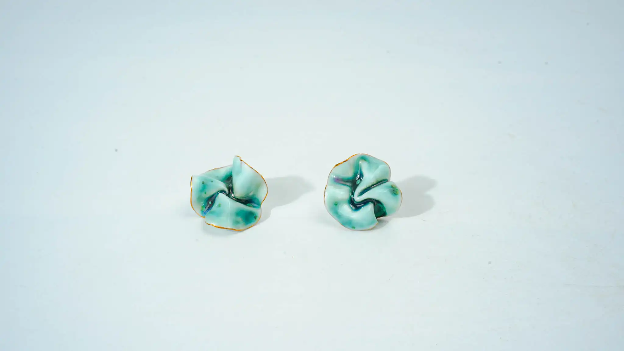 Blue Floral Ceramic Earrings with Gold Rim