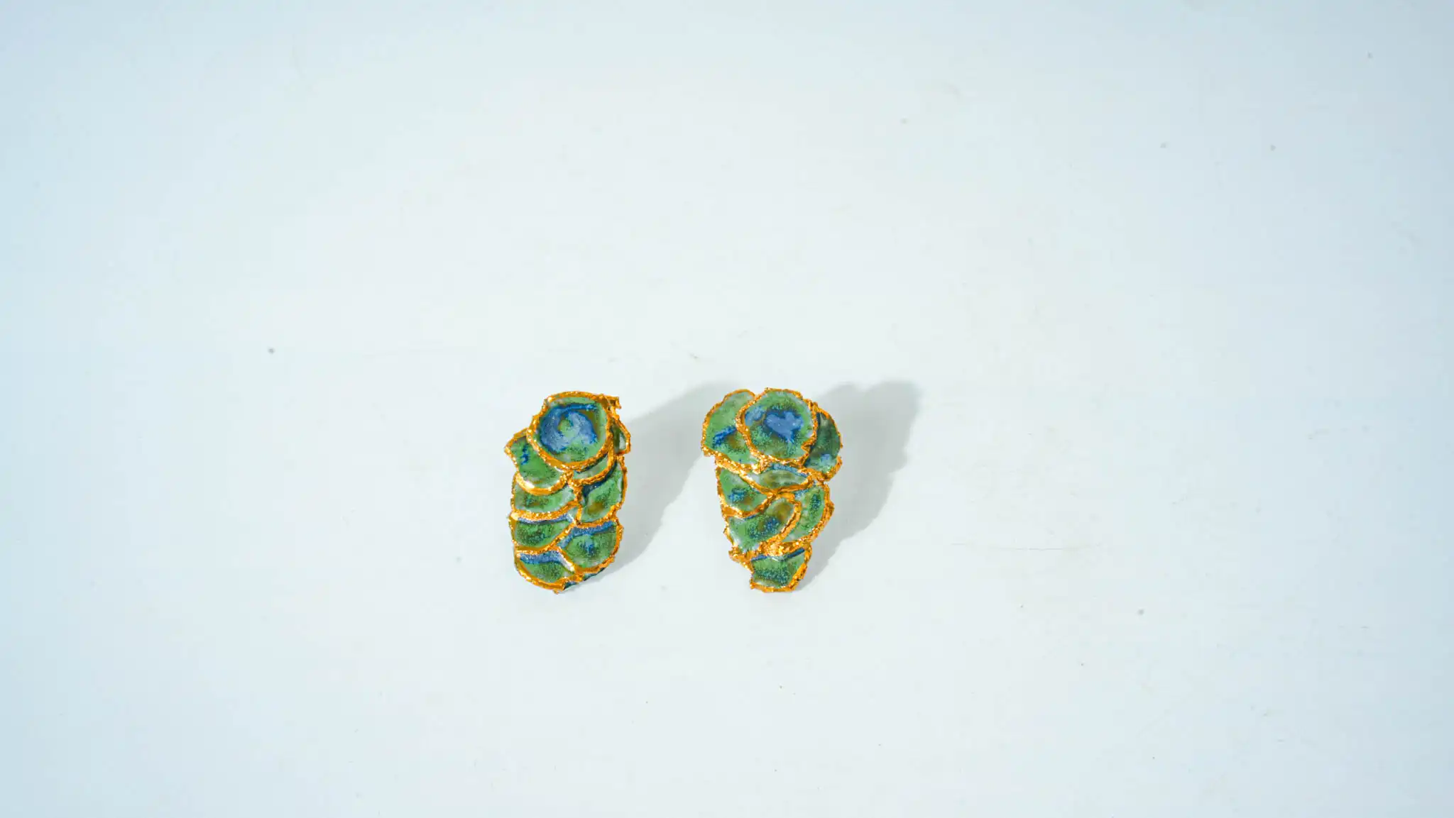 Green Glazed Round Ceramic Earrings with Gold Rim