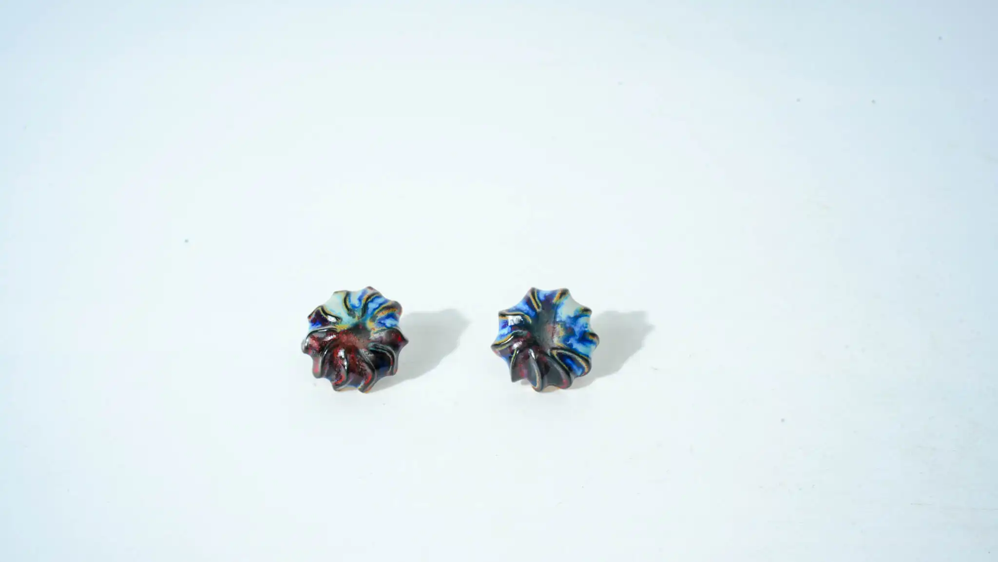 Teal Floral-Edged Kiln-Glazed Ceramic Earrings