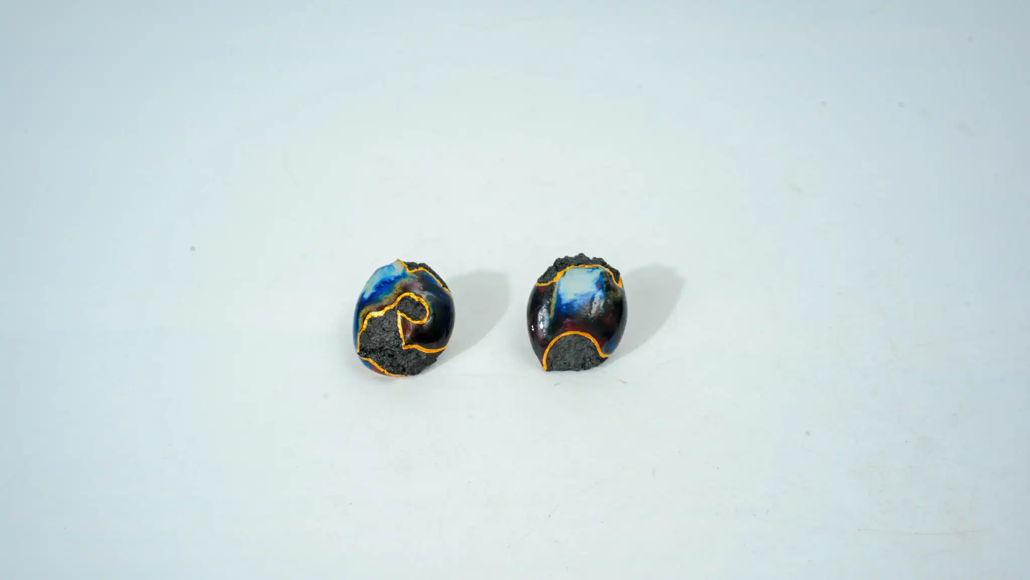 Teal Glazed Ceramic Earrings with Gold Rim