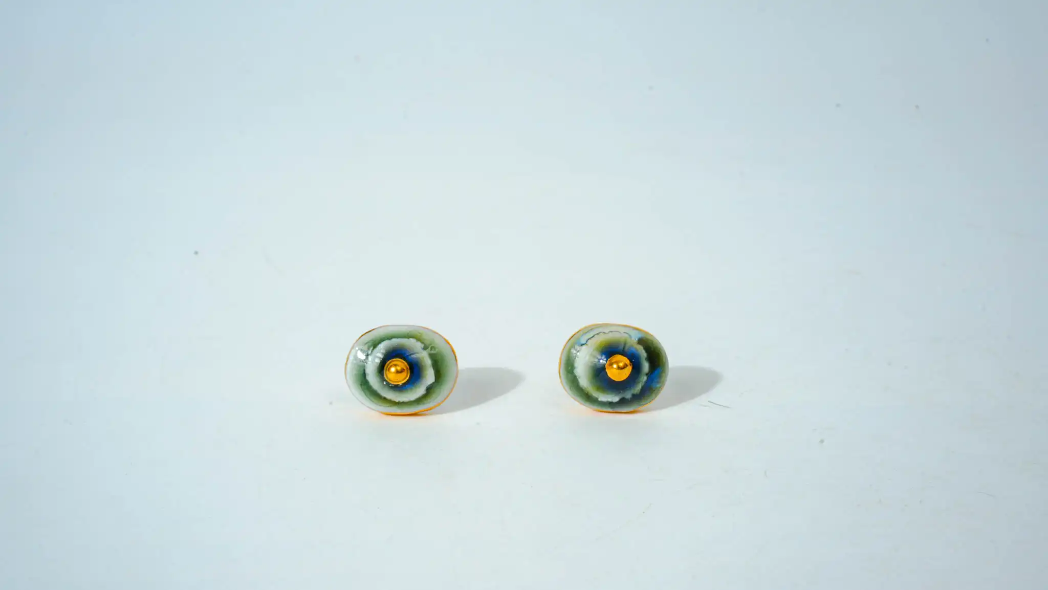 Overglaze Painted Green Oval Ceramic Earrings