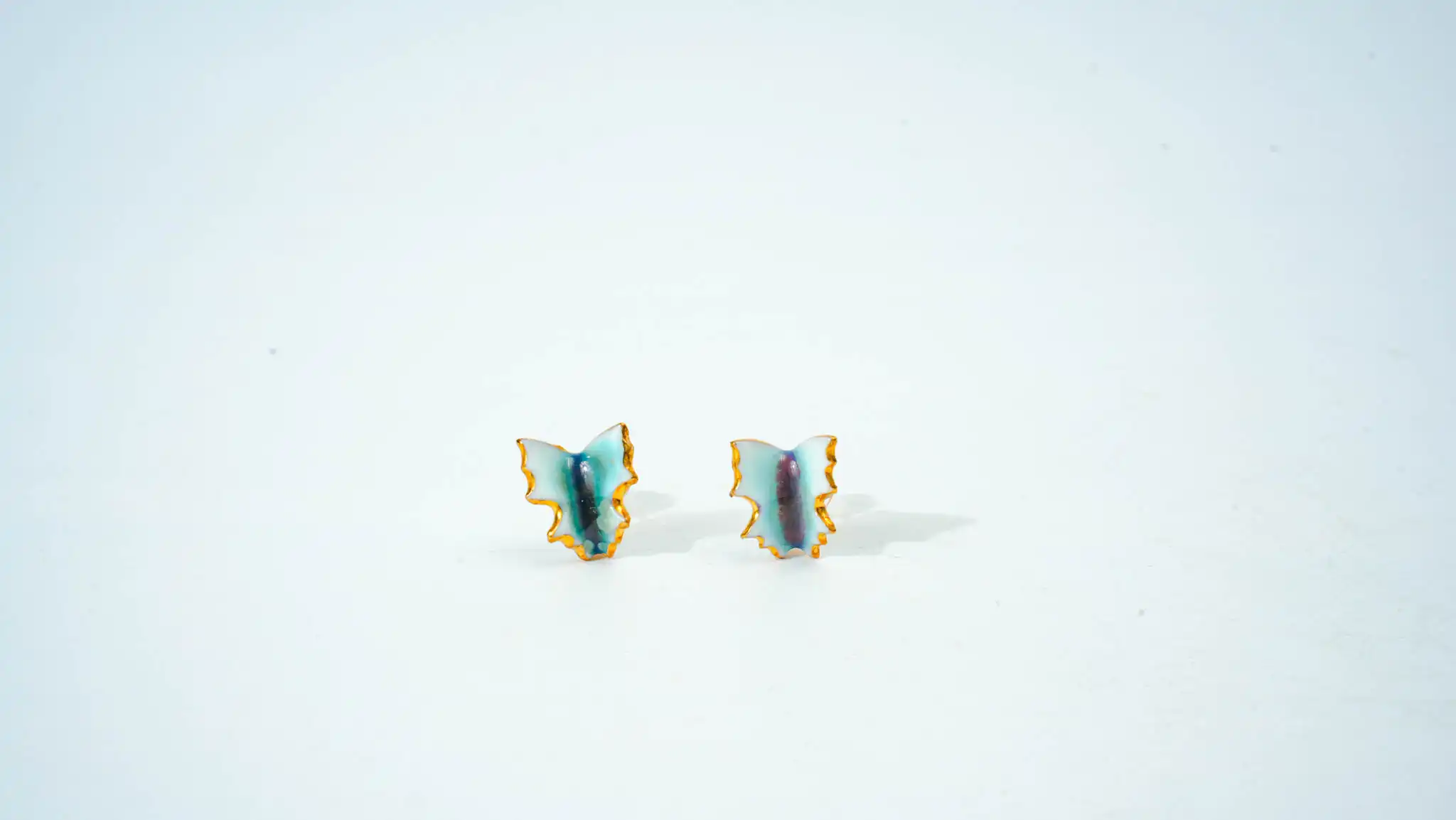 Teal Glazed Ceramic Earrings Butterfly Motif (Kiln-Glazed)