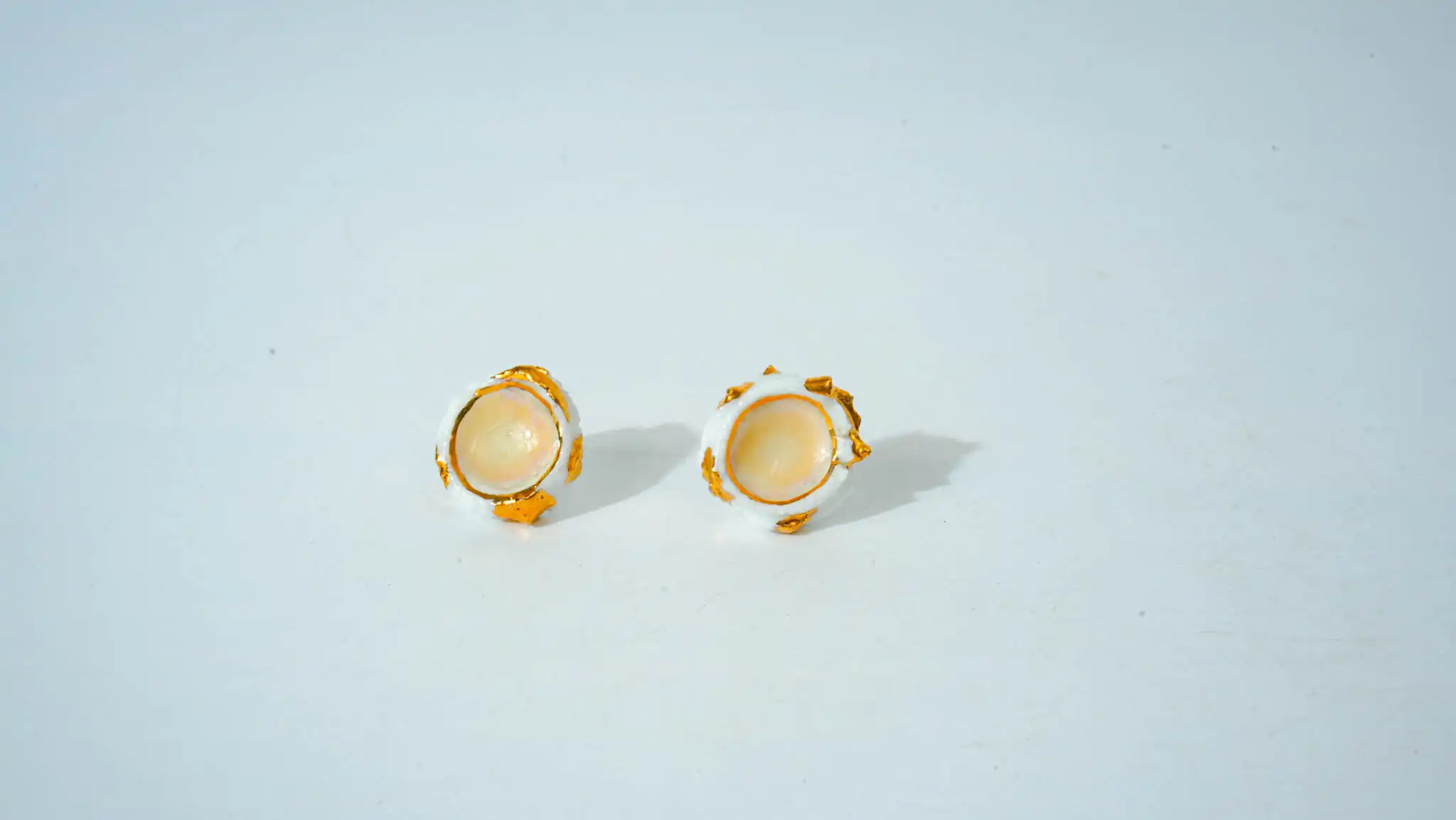 Overglaze Painted White & Gold Round Ceramic Earrings