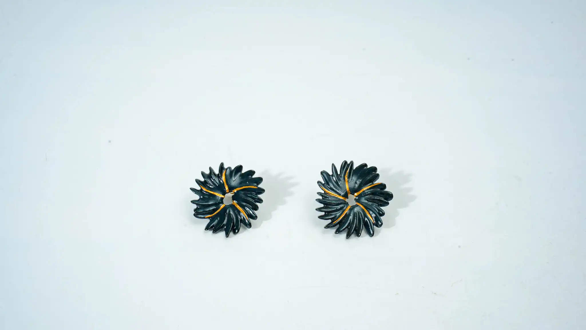 Overglaze Painted Black & Gold Chrysanthemum Ceramic Earrings