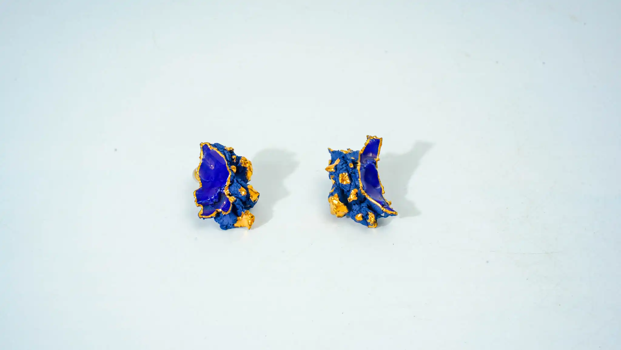 Overglaze Painted Blue & Gold Irregular Ceramic Earrings