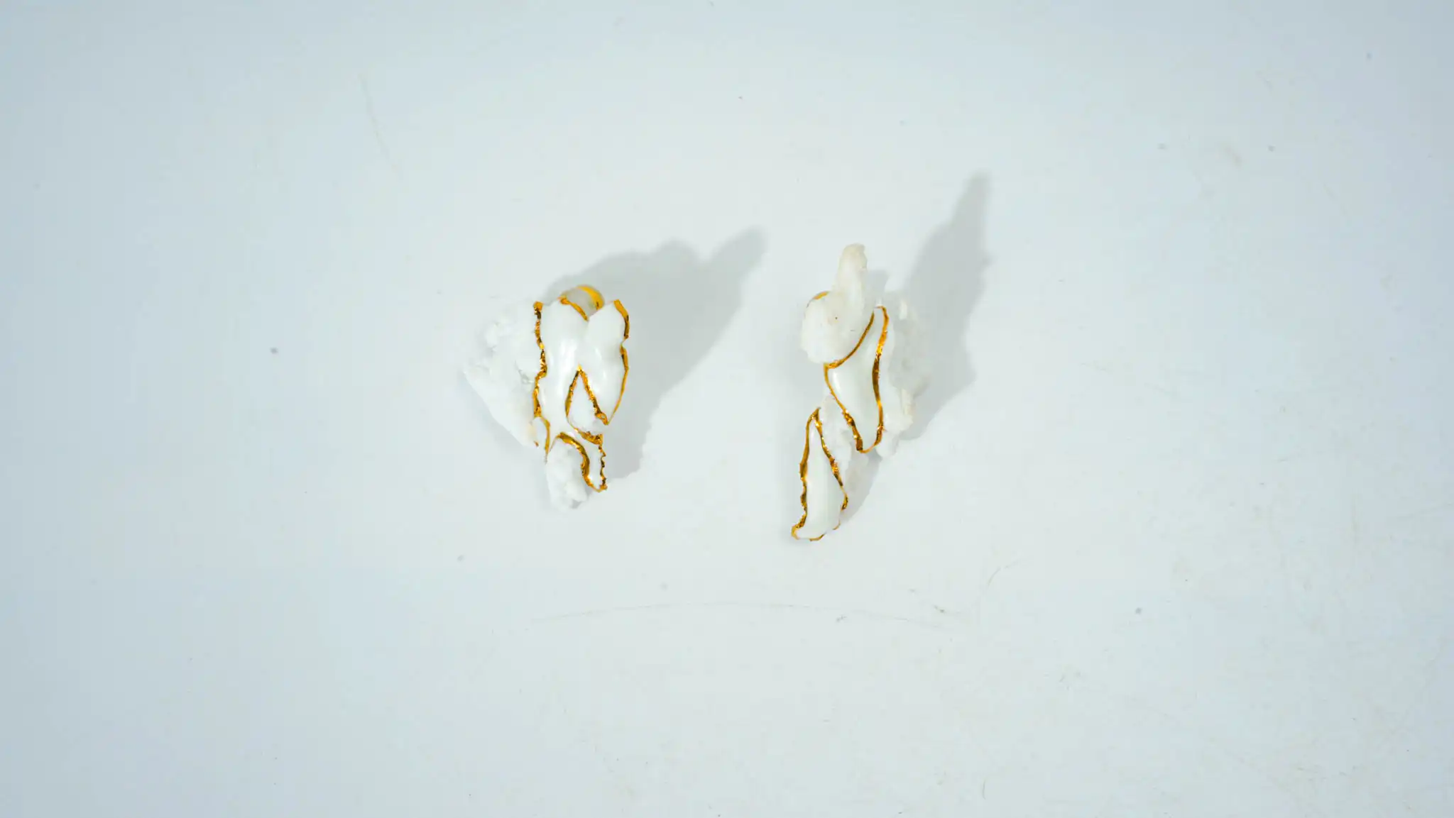 Overglaze Painted White & Gold Irregular Ceramic Earrings