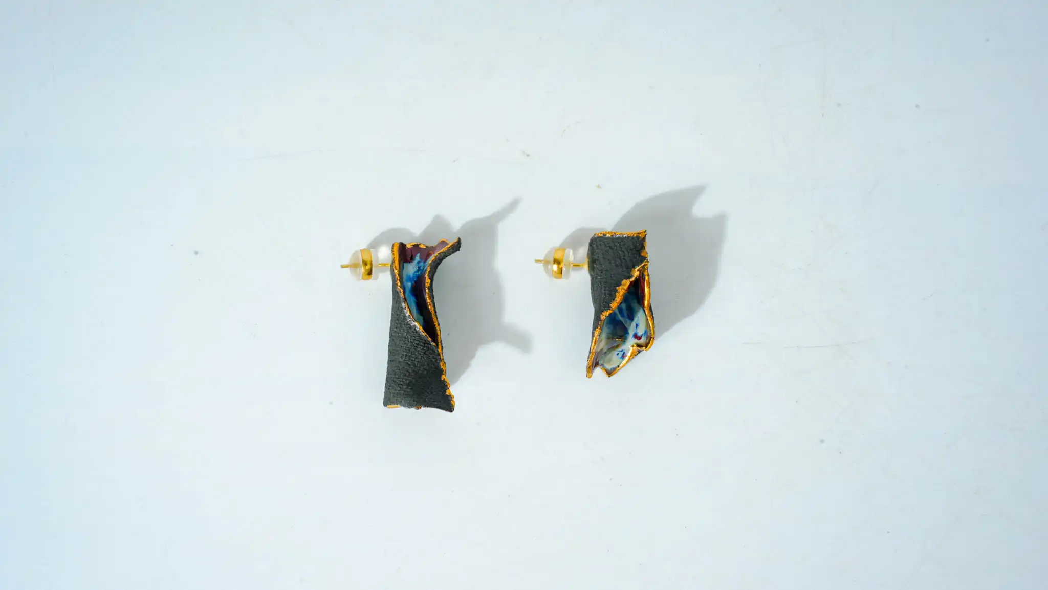 Kiln-Glazed Half-Glazed Teal Irregular Ceramic Earrings