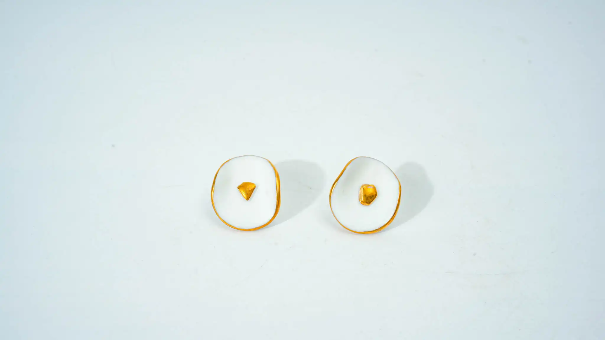 Overglaze Painted White Ceramic Earrings with Gold Dots (Oval Shape)