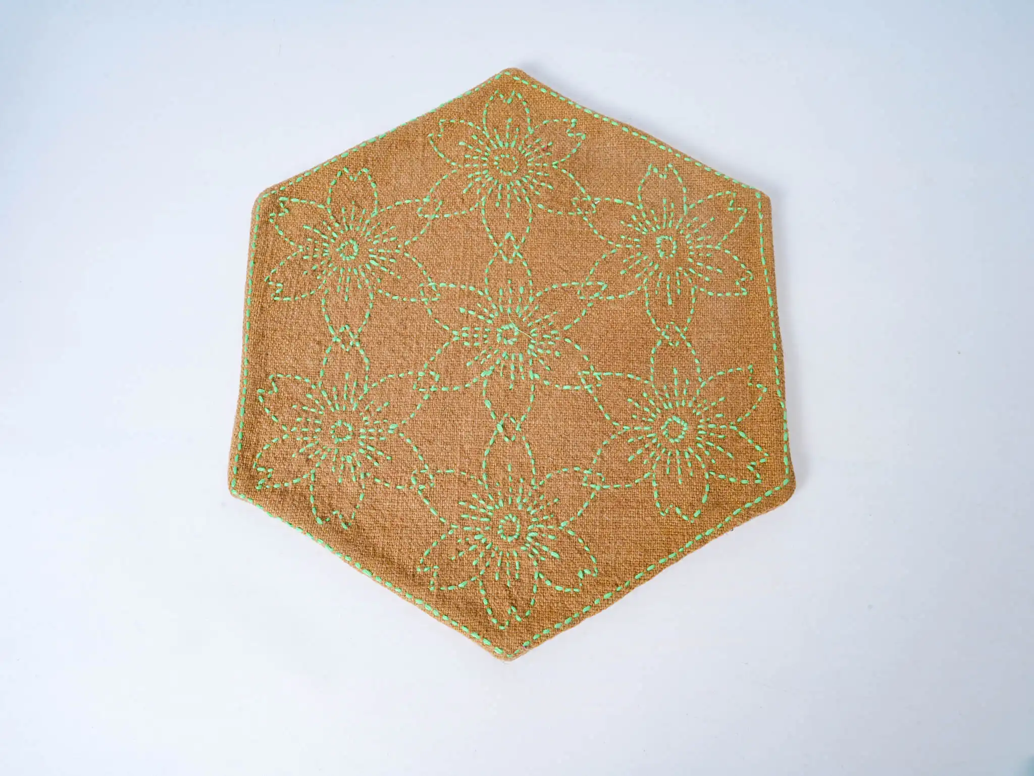 Sashiko Embroidered Hexagonal Floral Mat