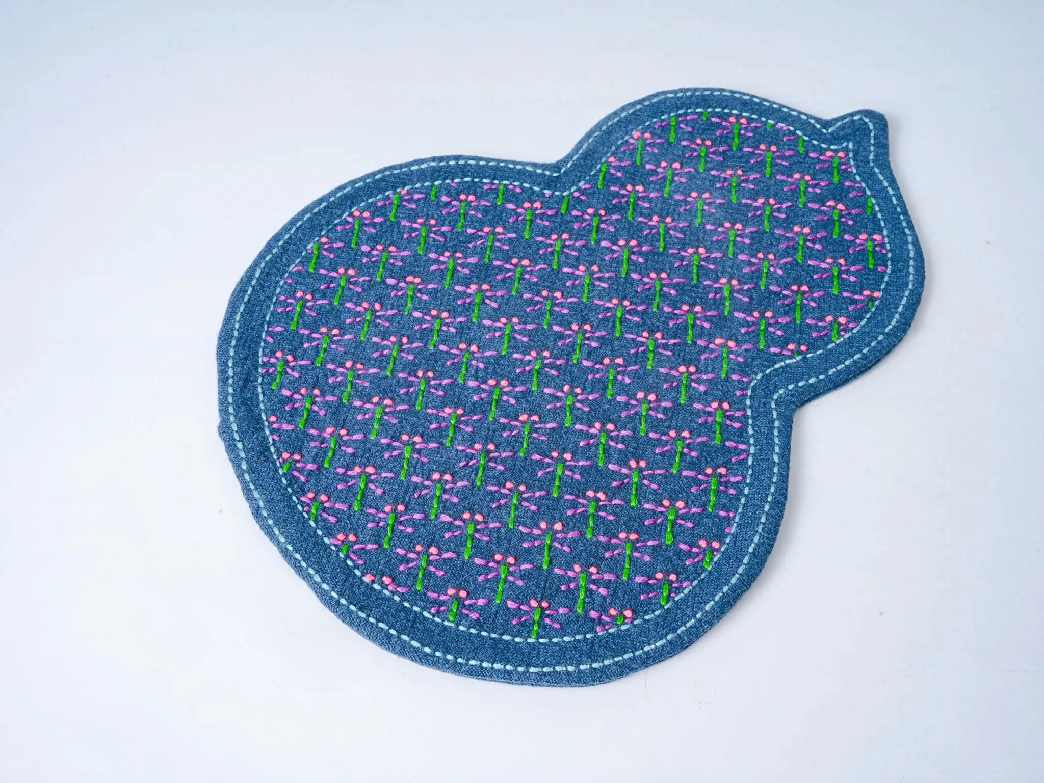 Sashiko Embroidered Gourd & Dragonfly Mat