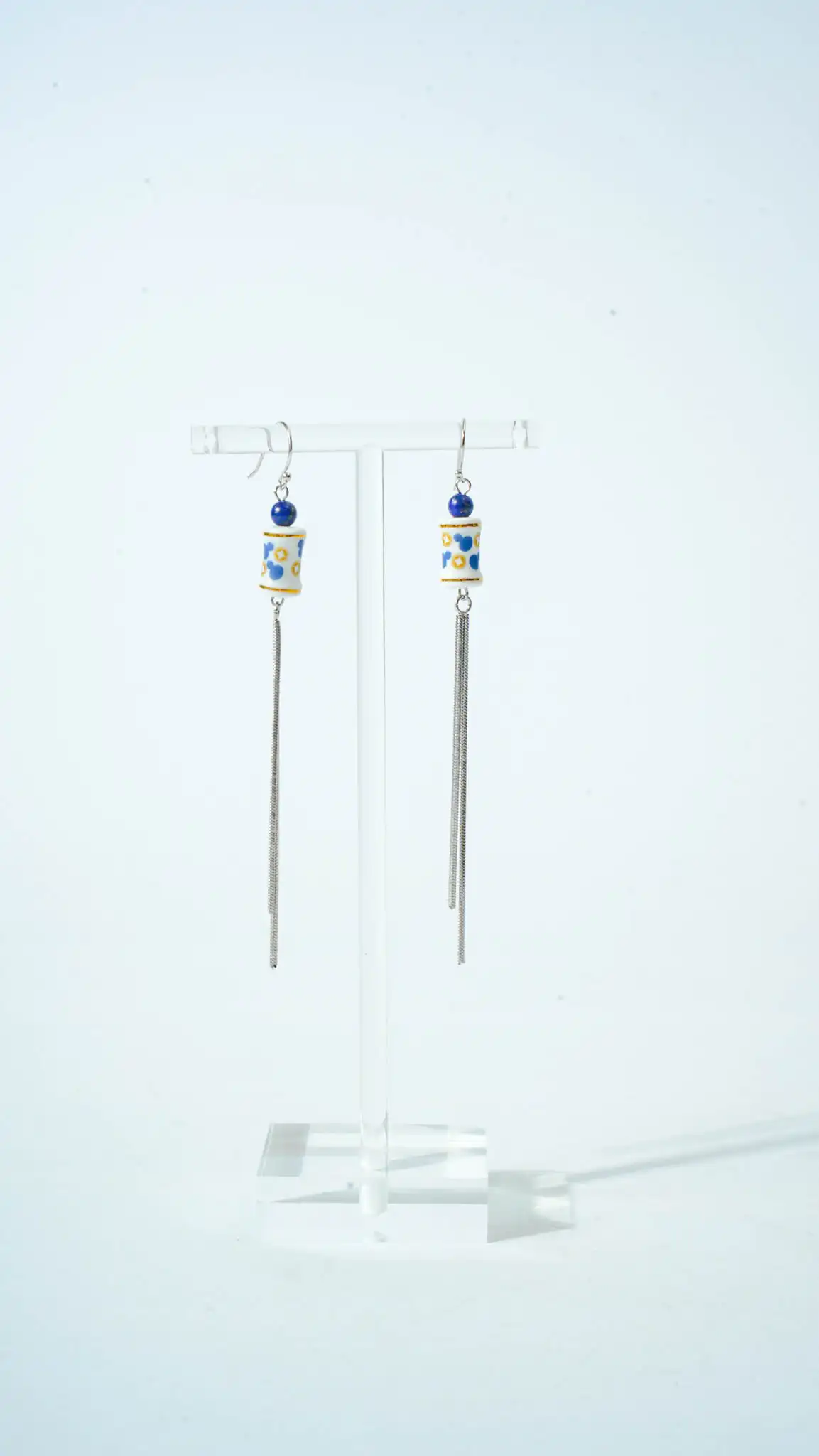 Blue & White Fortune Tube Long Earrings