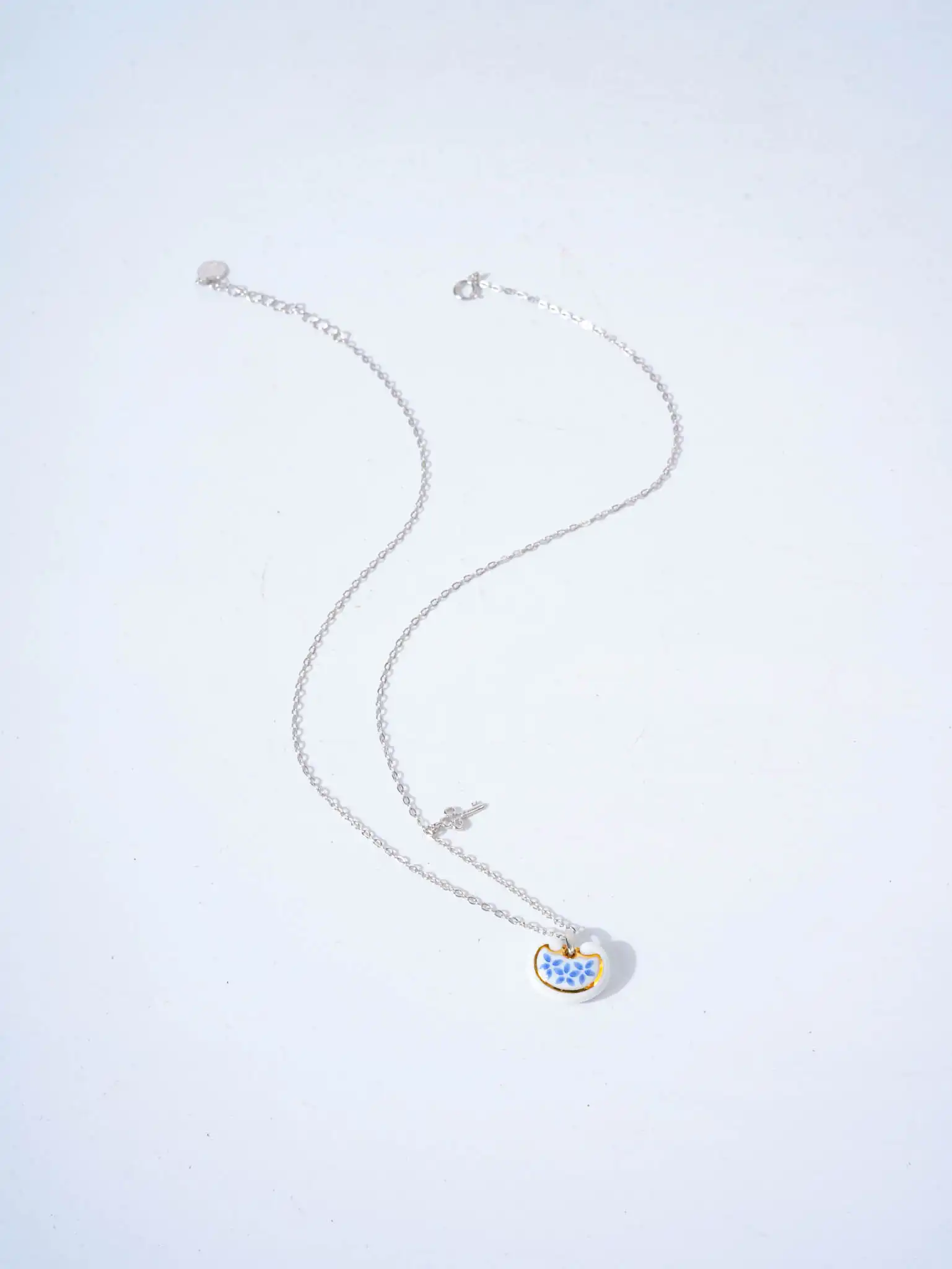 Blue-and-White Vine Ruyi Lock Pendant ?925 Silver, White Gold Plated