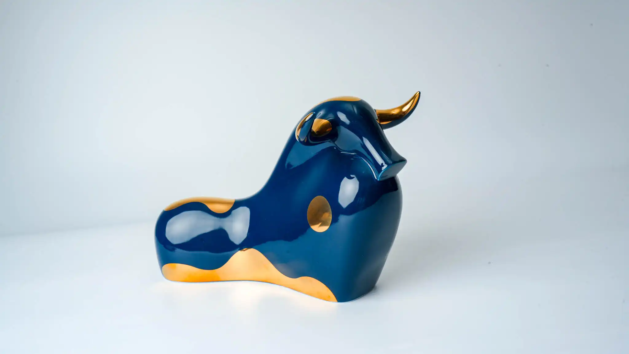 Male Reclining Ox Ceramic Figurine Blue