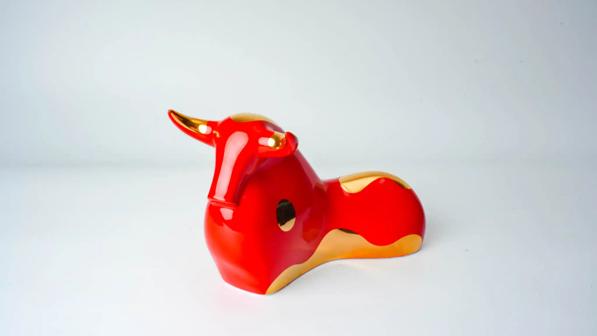 Female Reclining Ox Ceramic Figurine Red