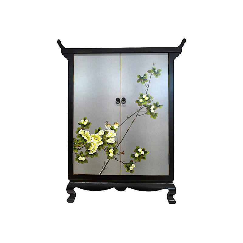 Gray Two-Door Floral-Decorated Shoe Cabinet
