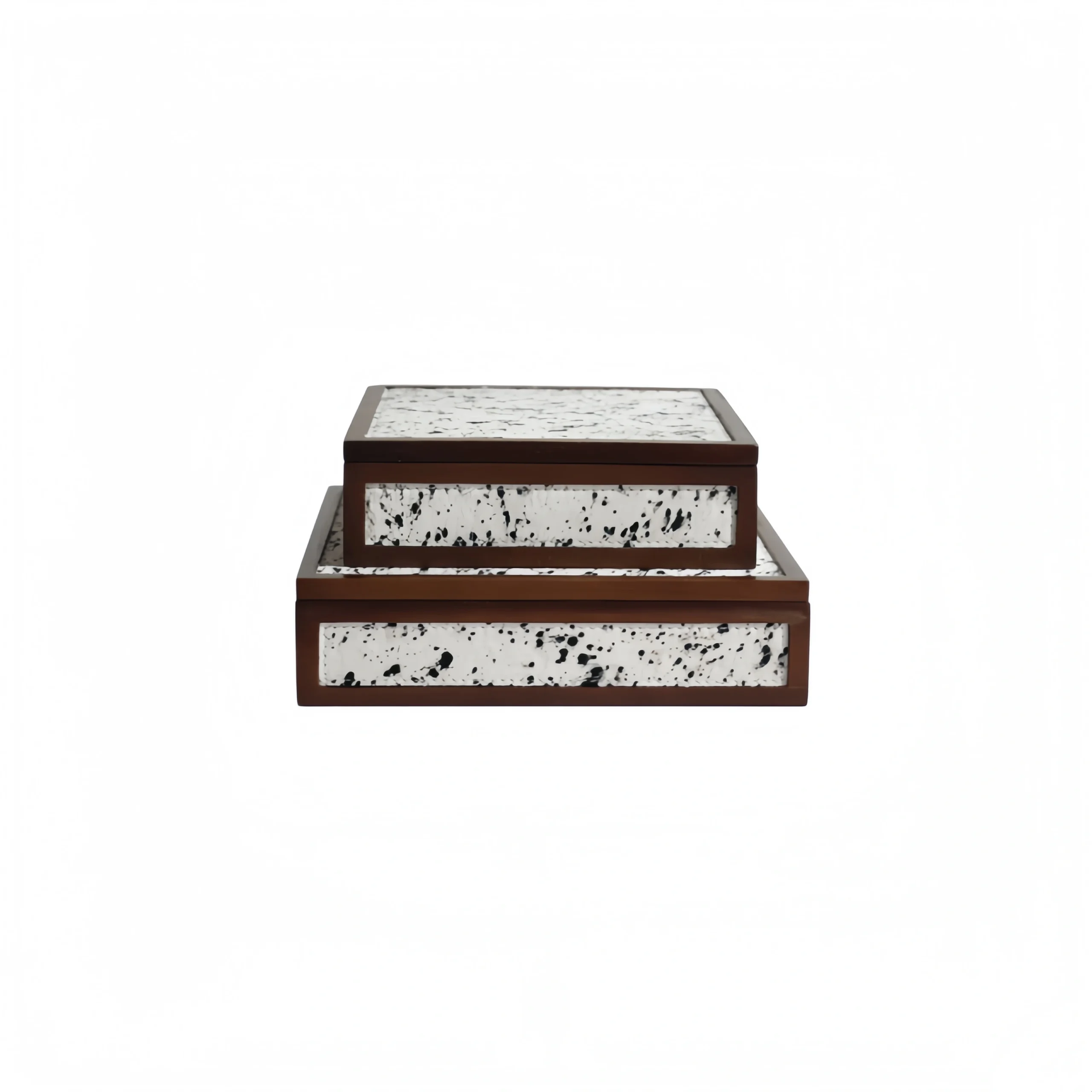 Walnut-Colored Square Solid Wood Box with Spotted Horsehair – Small