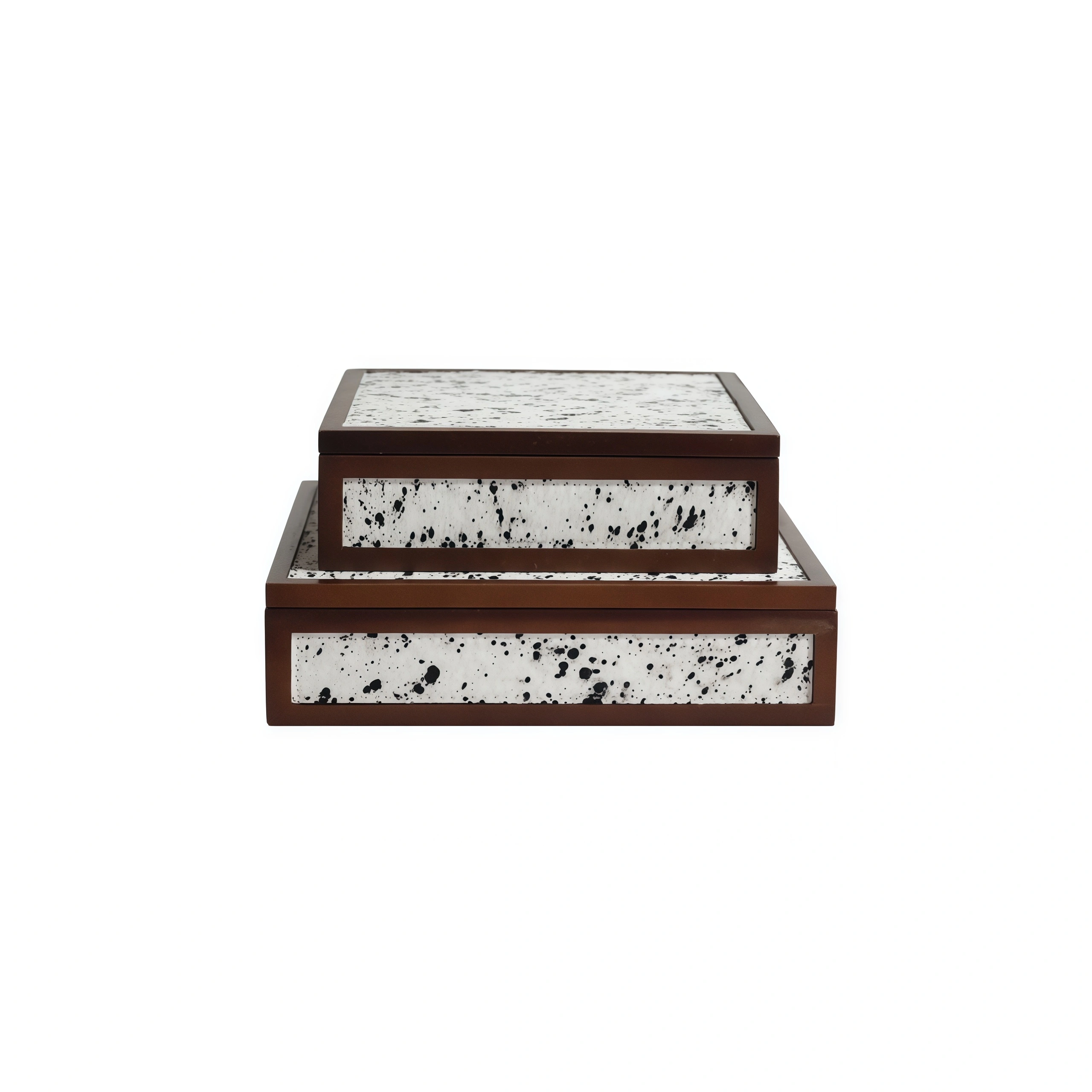 Walnut-Colored Square Solid Wood Box with Spotted Horsehair – Large