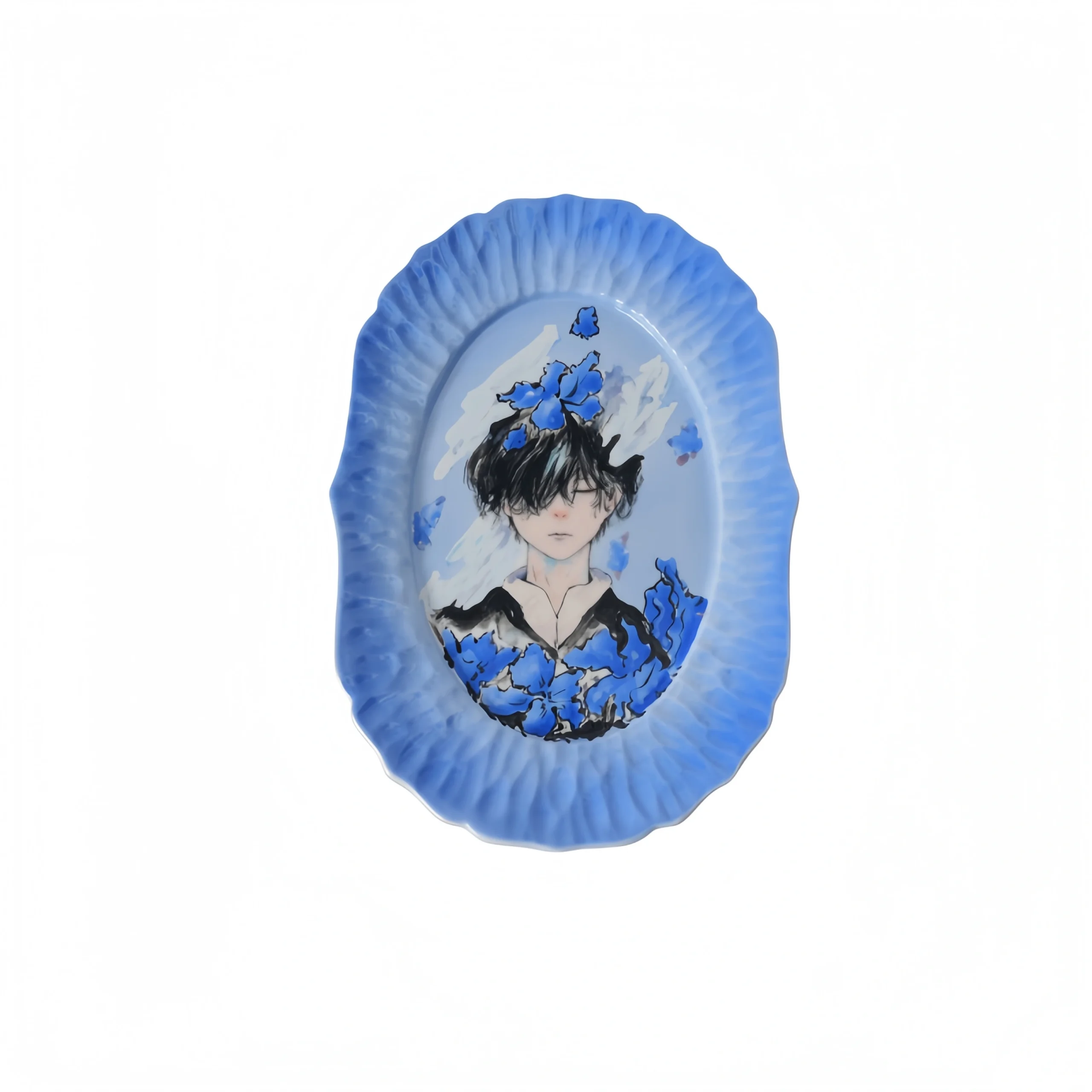 Hand-Painted Black-Haired Boy Blue Flower Plate