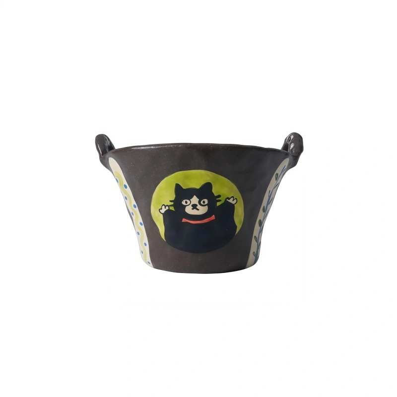 Purple Clay Black Cat Double-Handle Bowl