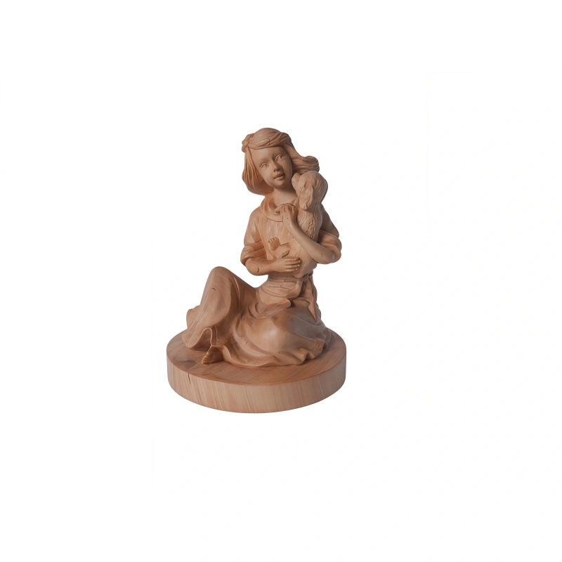 Little Girl Hugging Puppy Boxwood Figurine