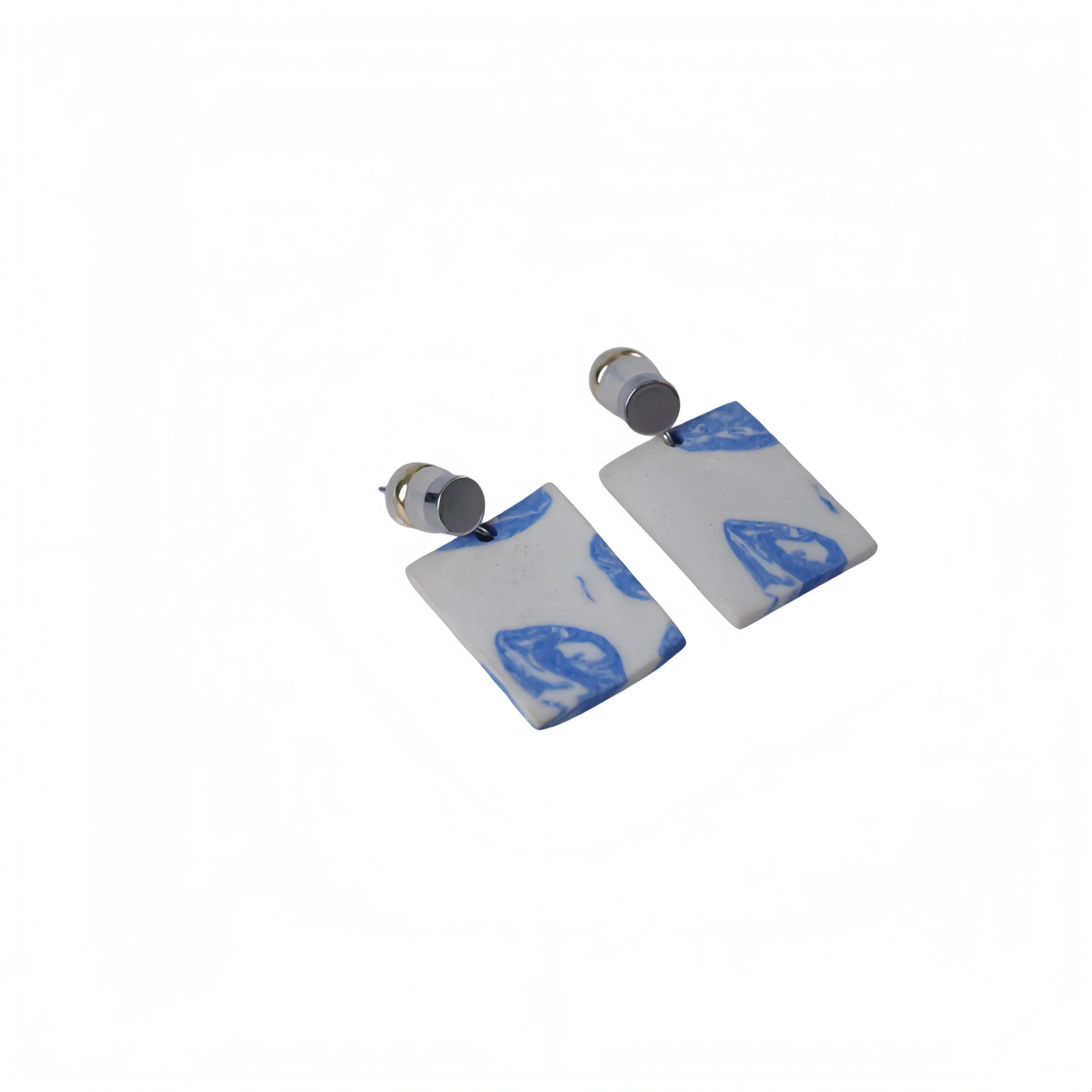 Ceramic Blue and White Square Earrings with Leaf Pattern