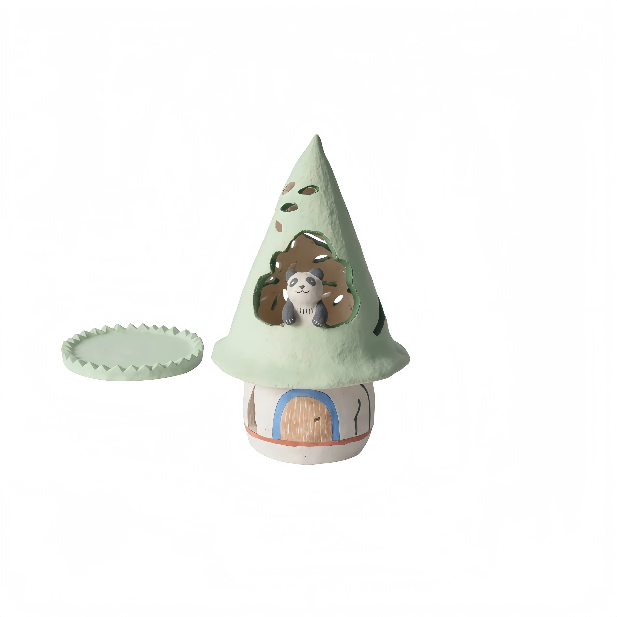 Panda with Pointed Hat & Green House Candle Holder