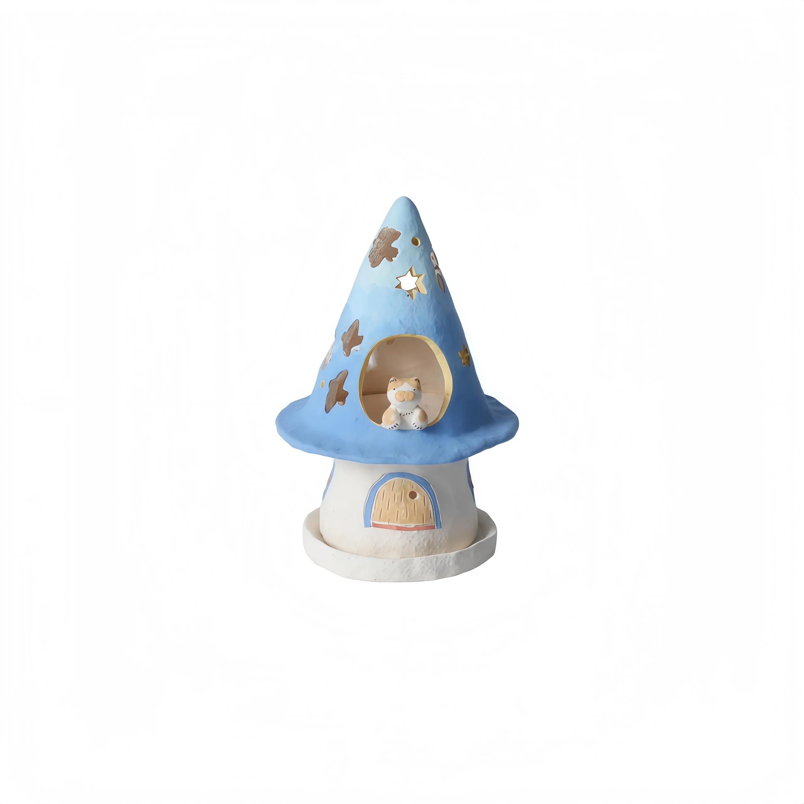 Cow Cat with Pointed Hat & Blue House Candle Holder