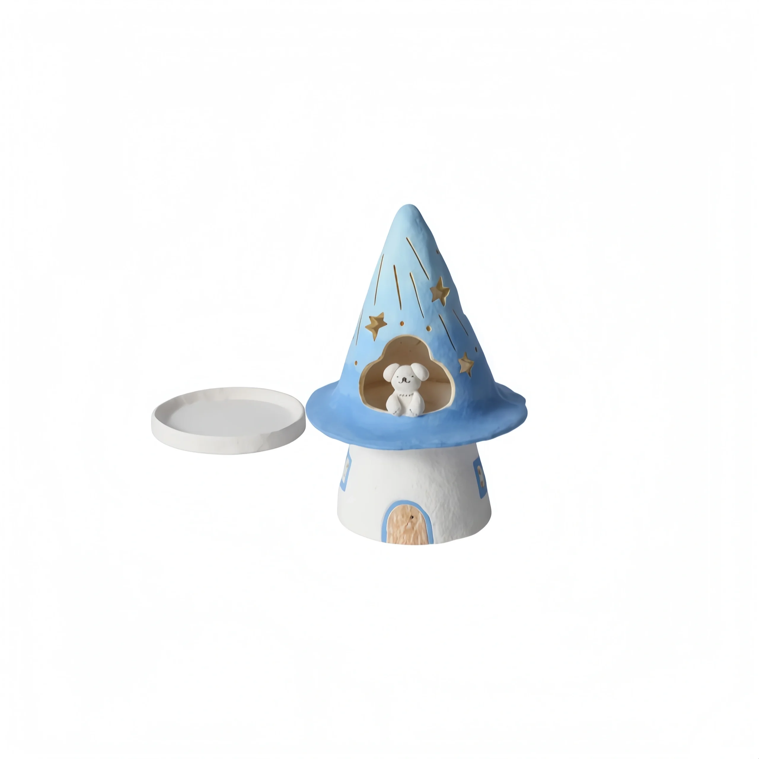 White Cat with Pointed Hat & Blue House Candle Holder