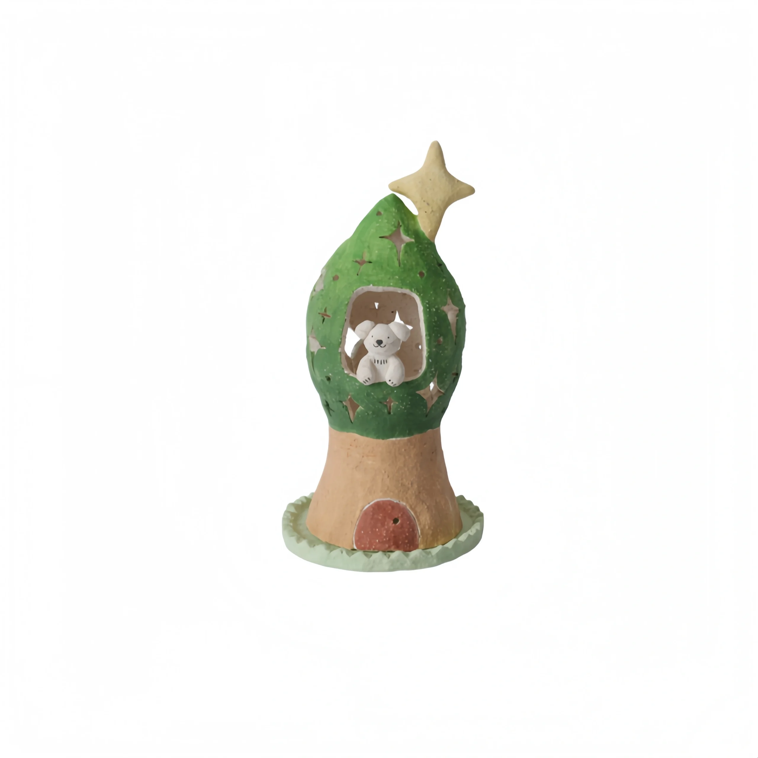 Little White Dog with Stars & Green Tree House Candle Holder