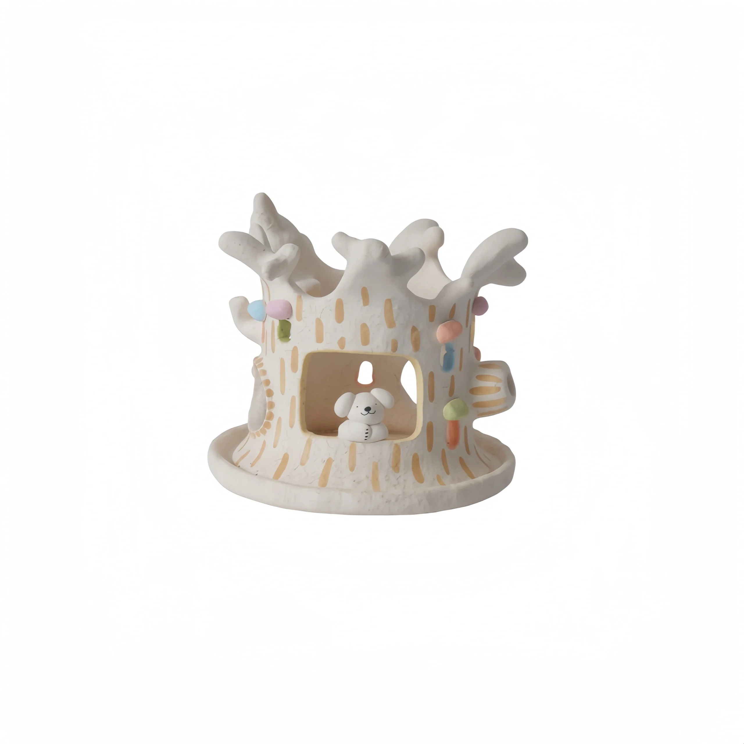 Little White Dog Tree Trunk Candle Holder