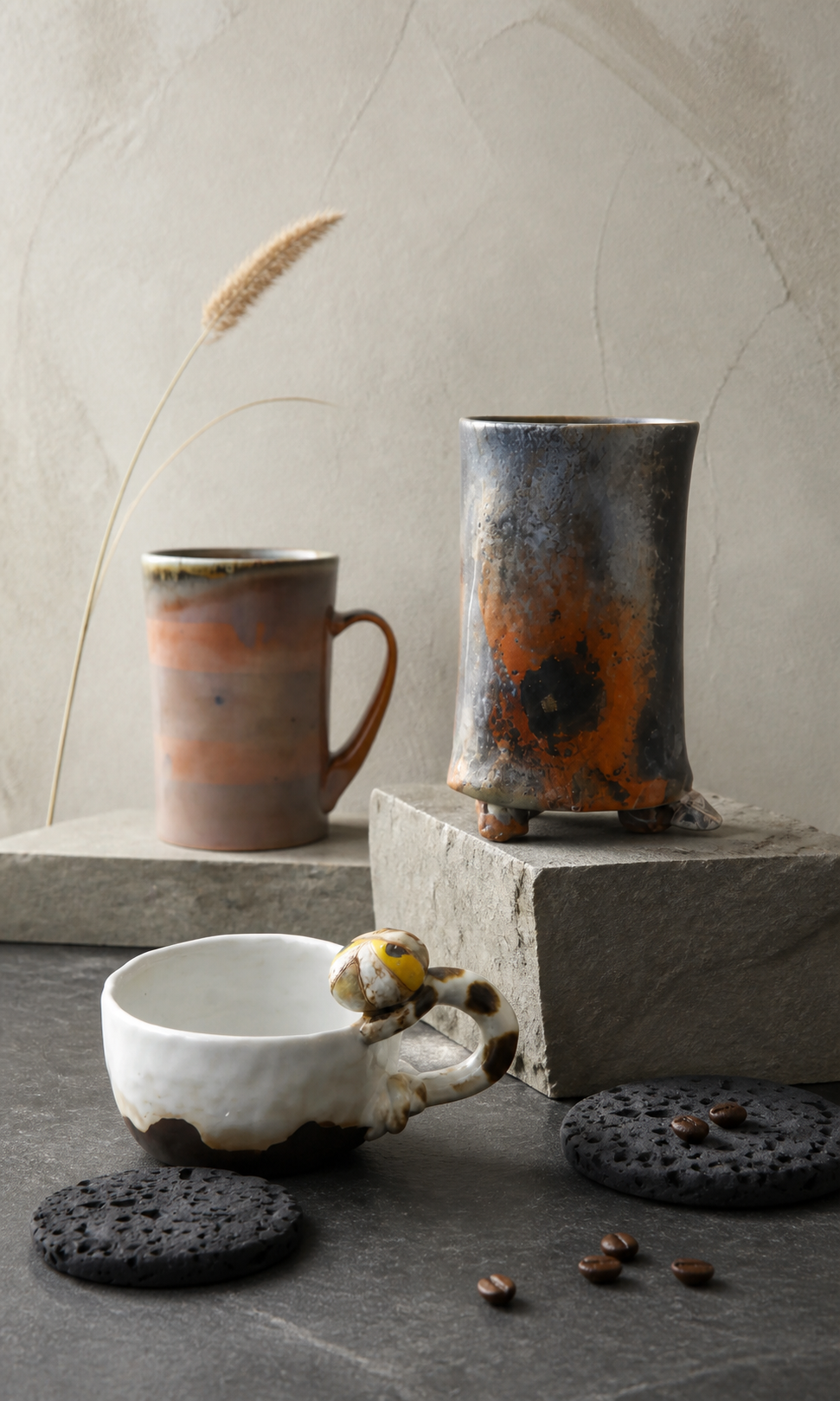 Artisan necklaces, ceramic earrings, a sandalwood hairpin and jewelry box displayed on gray linen stands